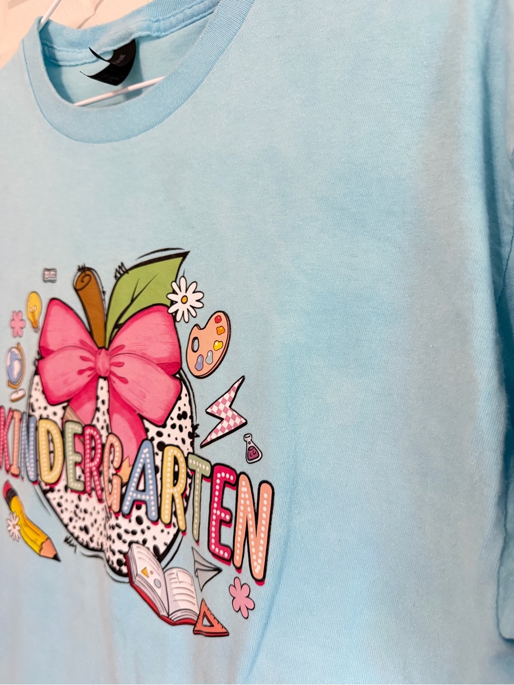 Gildan Light Blue Short Sleeve Kindergarten teacher Graphic Tee with Pink Bow - Picture 3 of 8